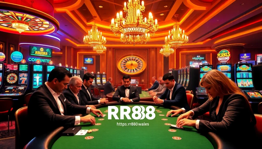 Experience dynamic gambling action at https://rr88.wales/ with vivid casino games, poker chips, and exciting atmosphere.