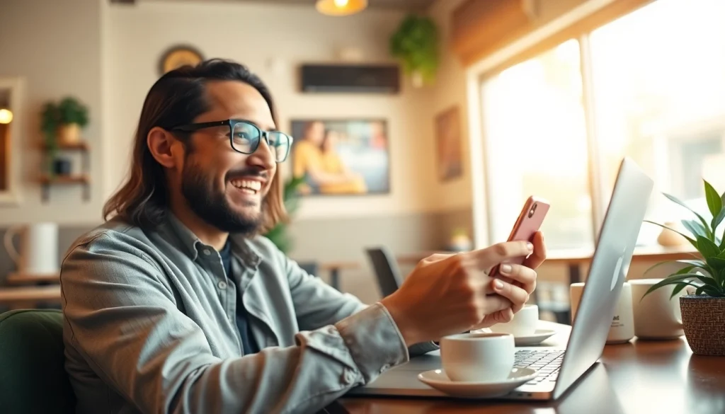 Engaging Instagram creator using paid links for Instagram creators in a café, promoting creative interactions.