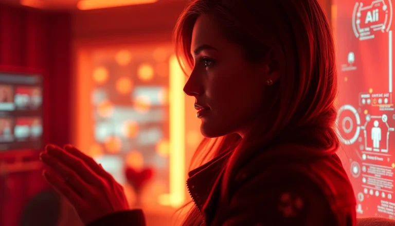 The image illustrates a romantic scene of ai sex, featuring a human and AI companion with warm lighting and intimate expressions.