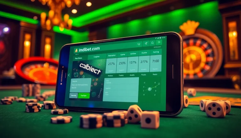 Betting on the indibet.com app with poker chips and dice in a casino setting.