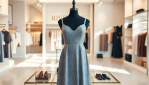 Showcasing Rivelle elegant clothing in a bright boutique, highlighting timeless fashion designs.
