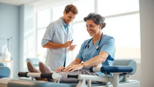 Engaging physical therapy marketing in a serene clinic setting highlighting patient-therapist interaction.