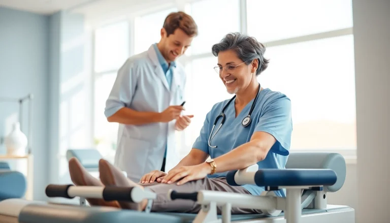 Engaging physical therapy marketing in a serene clinic setting highlighting patient-therapist interaction.