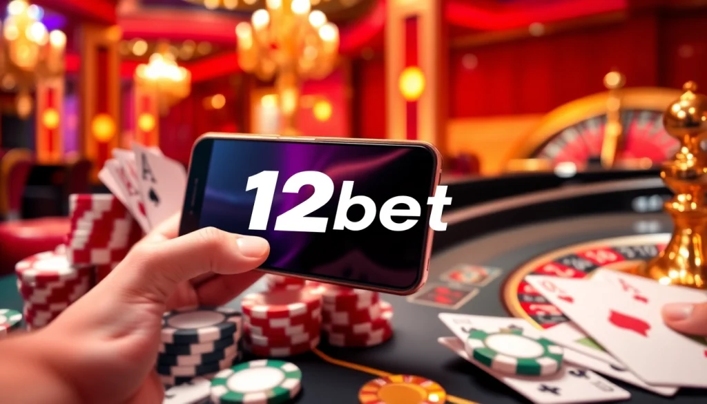 Experience the thrill of betting with 12bet through vibrant casino visuals of poker and roulette.