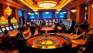 Engage in a thrilling casino atmosphere where players enjoy games like poker and roulette, connected by the theme "Nếu như vậy bám vào đây."