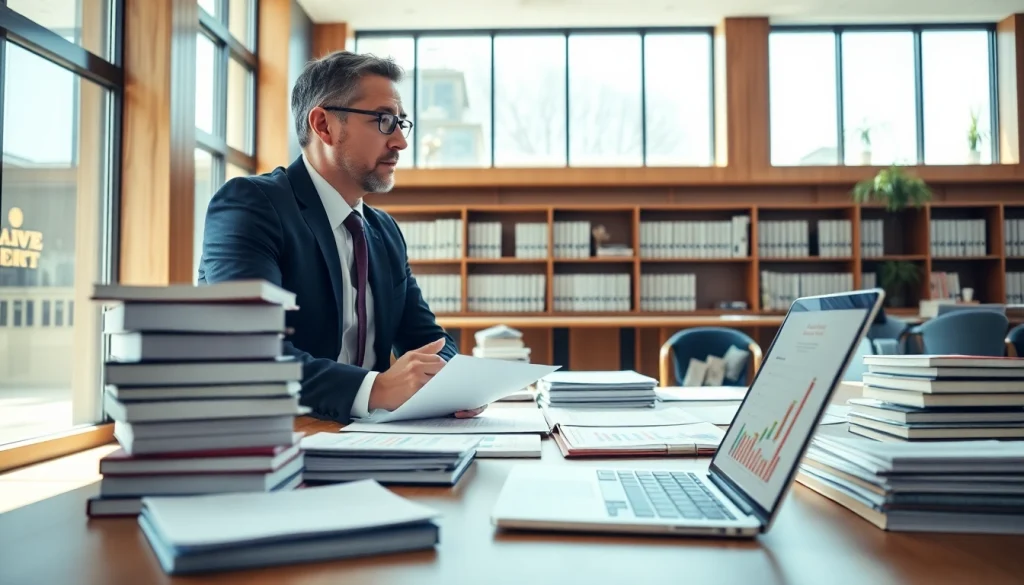 Engaged intellectual property lawyer consulting with a client in a professional setting