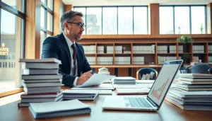 Engaged intellectual property lawyer consulting with a client in a professional setting