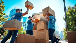 A dedicated Vancouver moving company team efficiently packing a moving truck in a vibrant city setting.