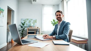 Traducteur professionnel à Strasbourg travaillant à un bureau avec des documents multilingues.