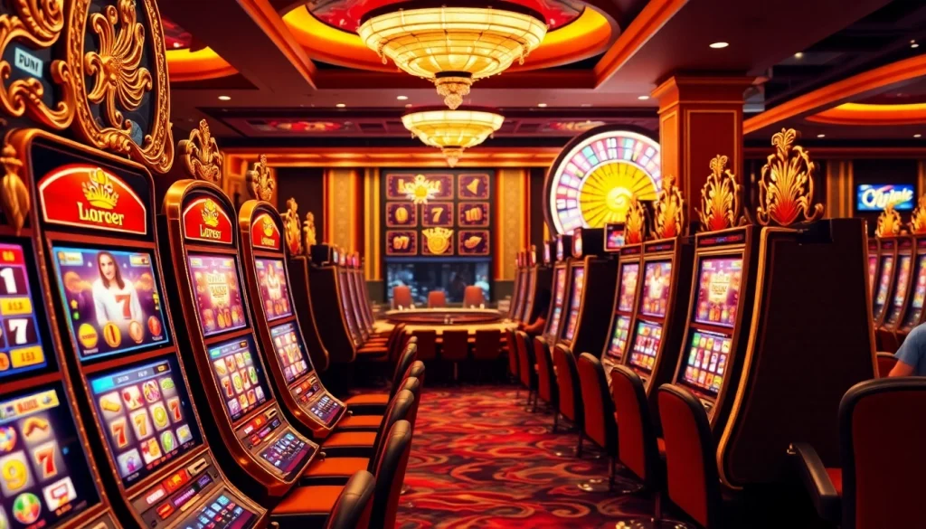 Experience lavish gaming with Slot Terpercaya in a luxurious casino scene filled with vibrant slot machines.