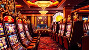 Experience lavish gaming with Slot Terpercaya in a luxurious casino scene filled with vibrant slot machines.