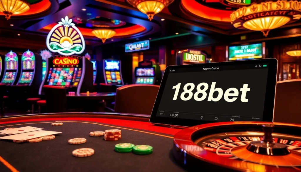 Experience excitement with link 188bet at a luxurious casino table filled with poker chips and card games.