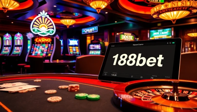 Experience excitement with link 188bet at a luxurious casino table filled with poker chips and card games.