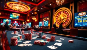 Trải nghiệm trò chơi cược cao tại Tik88, nổi bật với những đồng chip poker và vòng quay roulette trong một casino sang trọng.