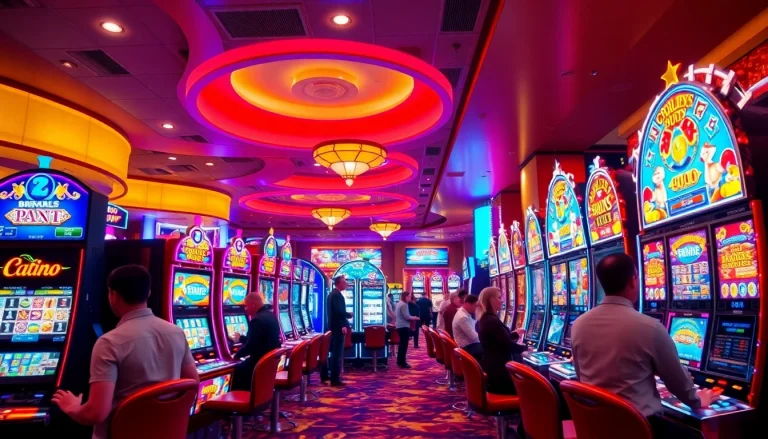 Menggambarkan pengalaman bermain slot deposit 1k yang menarik di kasino dengan berbagai mesin slot warna-warni.