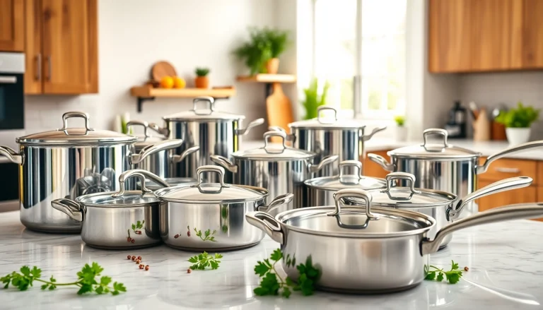 Showcasing an array of cookware set on a modern kitchen countertop with natural lighting.