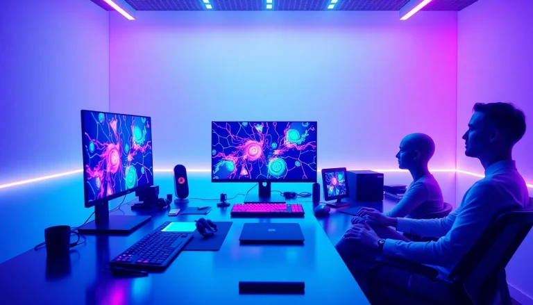 Futuristic digital workspace showcasing innovative AI NSFW interaction with interactive holographic displays.