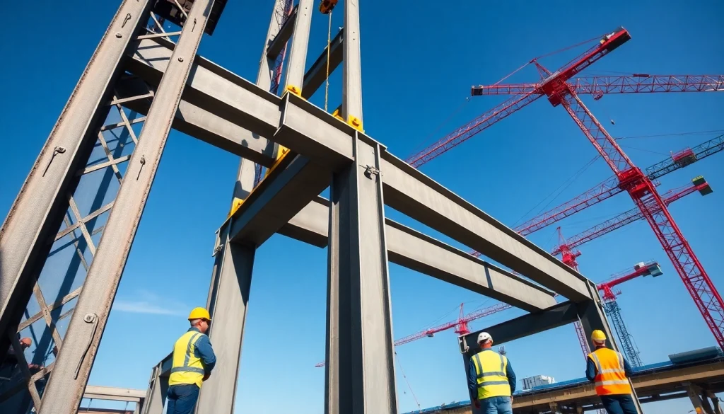 Structural steel construction at a bustling site with workers collaborating and cranes in the background.