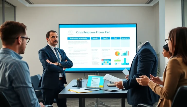 Crisis management consultant presenting a strategic response plan in a modern office environment.