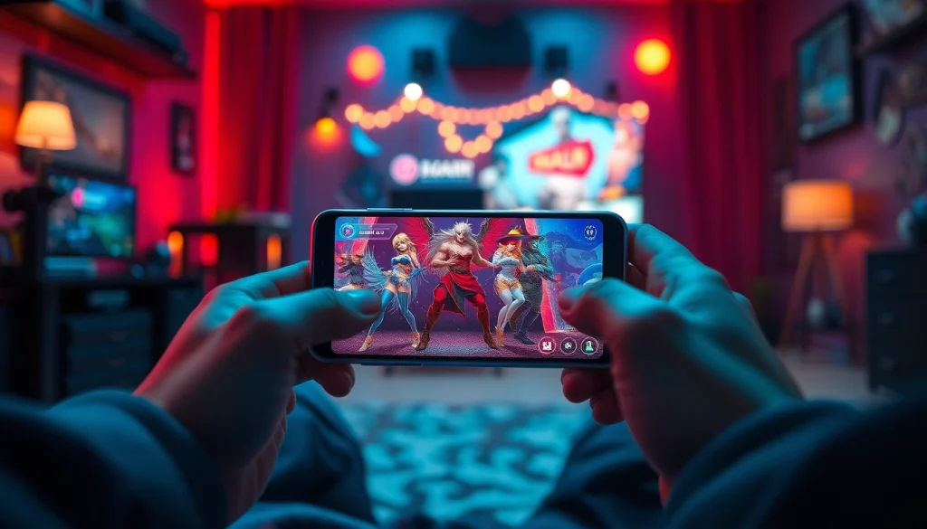Immersive visual of a mobile porn game on a sleek smartphone, showcasing vibrant fantasy graphics.