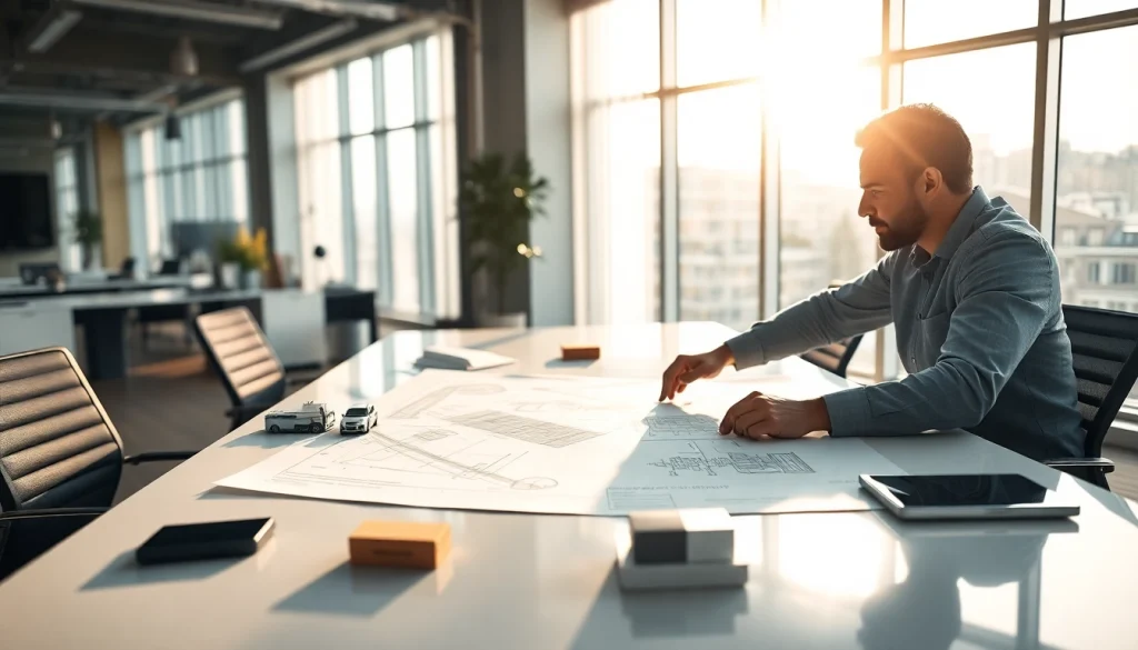 Analyze the das 140 project with an engineer over blueprints in a bright office setting.