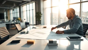 Analyze the das 140 project with an engineer over blueprints in a bright office setting.