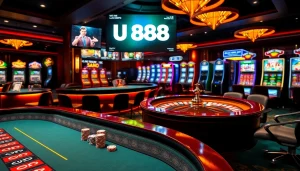 Experience excitement at U 888 with a luxurious casino setup featuring roulette and betting props.