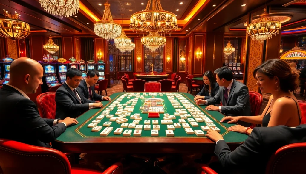 Players enjoy a thrilling game of link mahjong at a luxurious casino table while glamorous lights shine in the background.