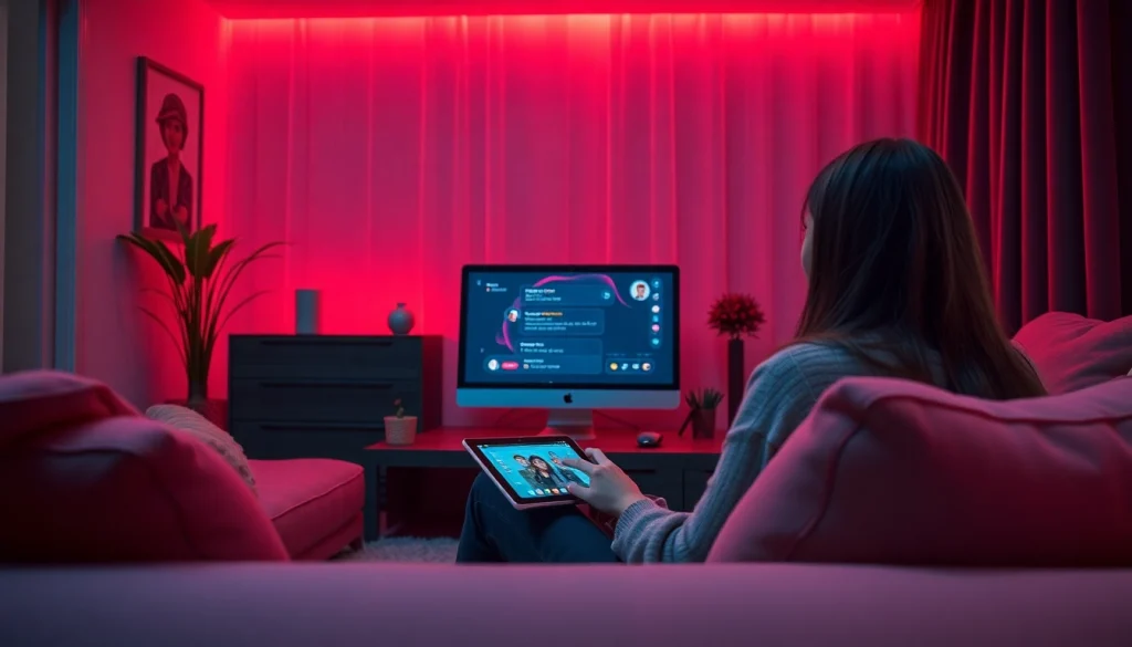 Engaging in an NSFW AI chat in a cozy, modern space with interactive characters.