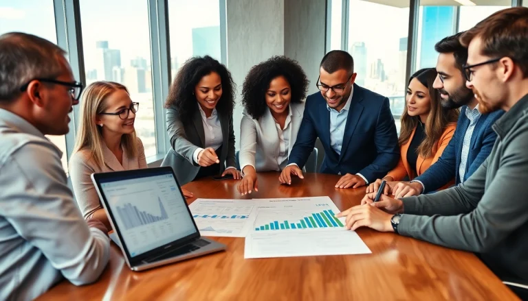 Engaged team in a meeting to find competitor pricing with charts and a laptop.