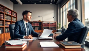 Engaging Miami-Dade County litigation Lawyer consulting with a client in an office.