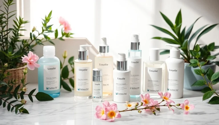 Kosmetika produktai išdėstyti ant marmurinio stalviršio, supantys augalai ir gėlės.