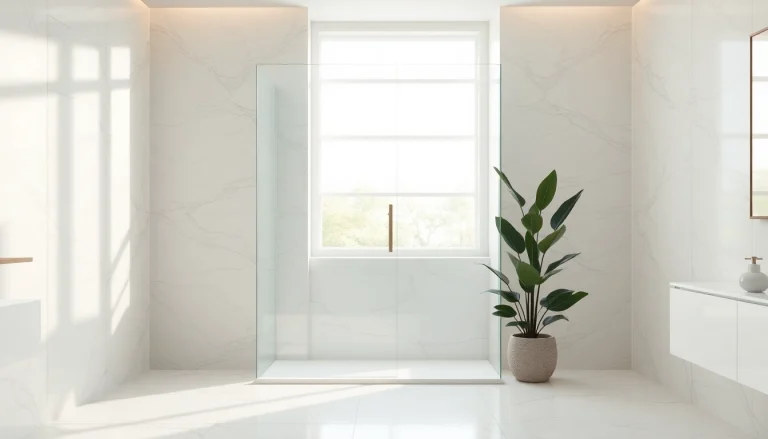 Showcasing a modern, stylish shower screen door in a luxury bathroom setting.