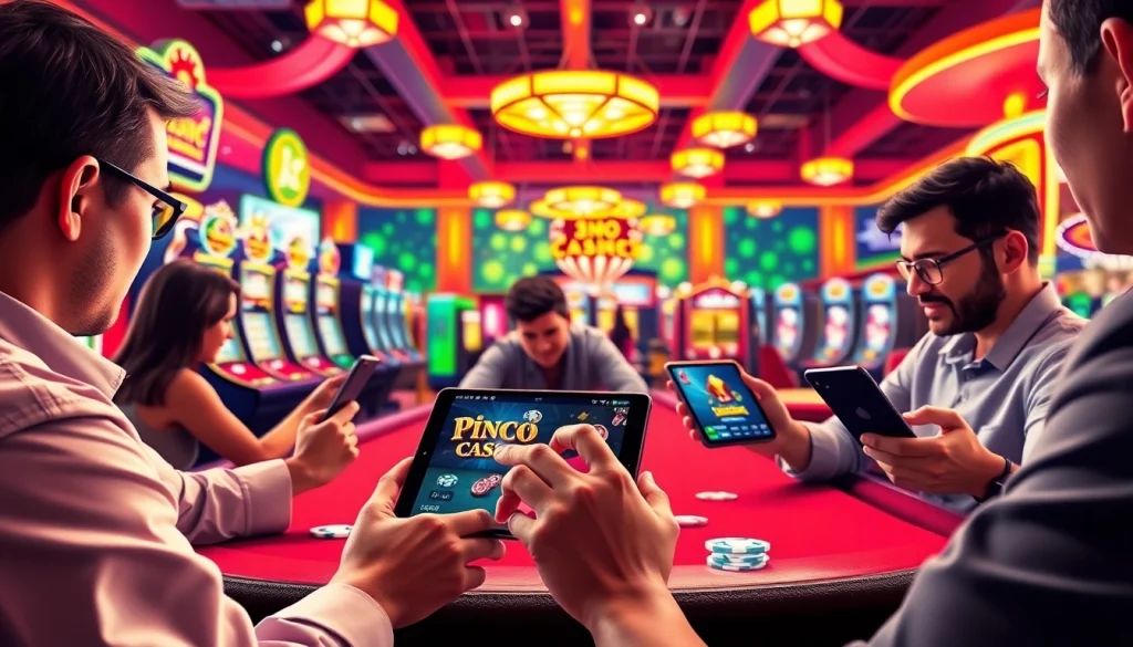 Pinco Casino demo oynamaq mühitində oyuncuların kazino oyunlarını sevinclə oynaqdan görünüşü.