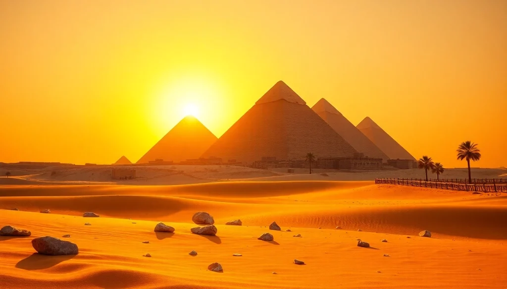 Discover the stunning piraminds against a vibrant sunset, radiating ancient history.