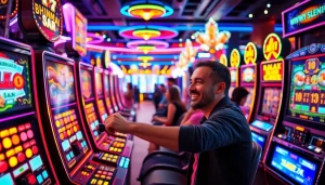 Pemain berinteraksi dengan mesin slot saat menikmati situs slot gacor yang meriah.