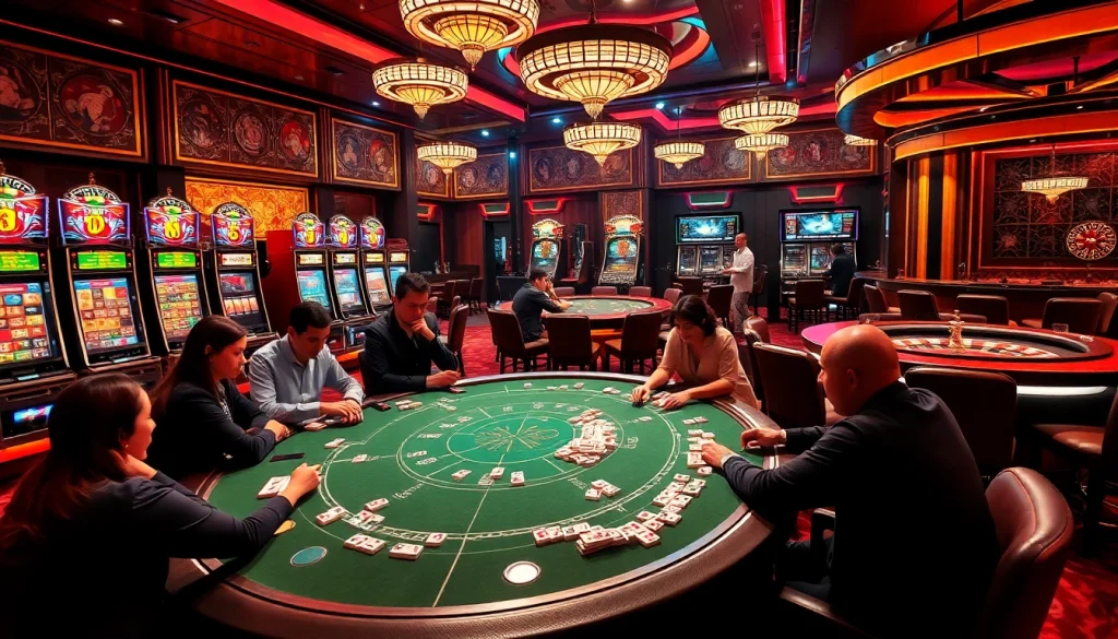 Experience the thrilling atmosphere of a casino featuring players engaging in poker and a roulette wheel, symbolizing the excitement akin to "link mahjong" gaming.