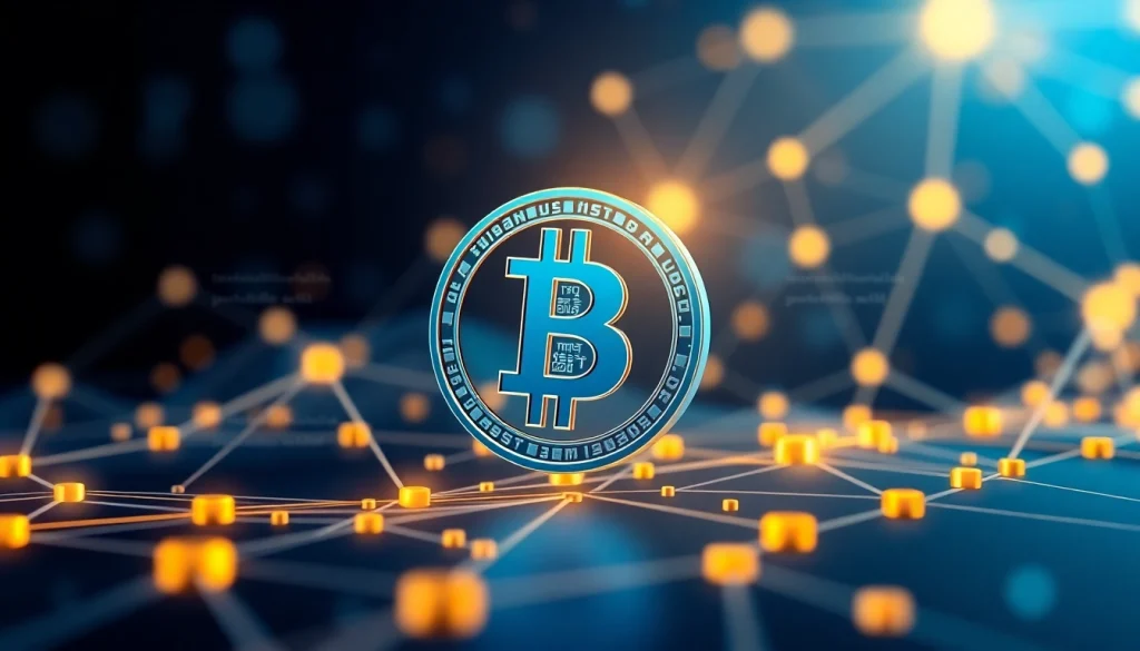 Comprendre bitcoin avec un symbole clair et un réseau digital dynamique en arrière-plan, illustrant la technologie.