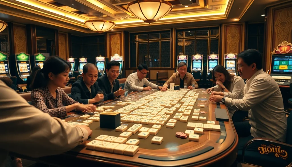 Mainkan Link Mahjong di lingkungan kasino mewah dengan para pemain yang terlibat dalam permainan.