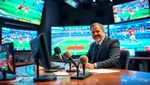 Announcer engaging in sports broadcasting with vibrant visuals and equipment for live coverage.