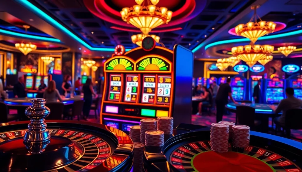 Rasakan sensasi slot depo pulsa dalam suasana kasino yang meriah dengan pemain yang antusias dan dekorasi mewah.