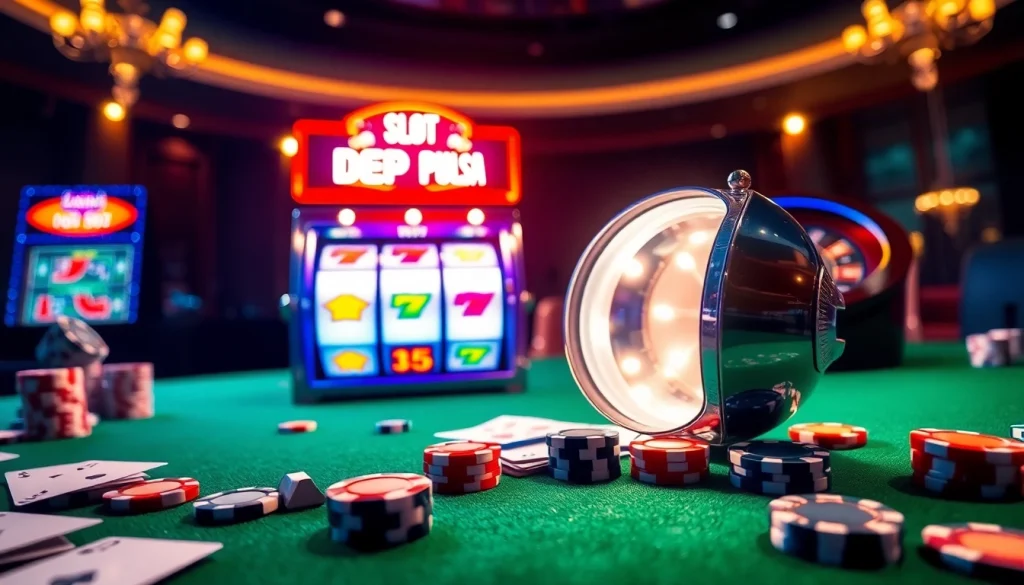 Excited gamblers enjoying slot depo pulsa at a luxury casino table with poker chips.