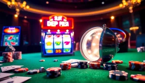 Excited gamblers enjoying slot depo pulsa at a luxury casino table with poker chips.