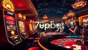 Engaging players testing their luck at 7upbet casino with vibrant slot machines and roulette.
