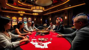 Players enjoying poker at RR88, showcasing vibrant chips and cards in an elegant casino environment.