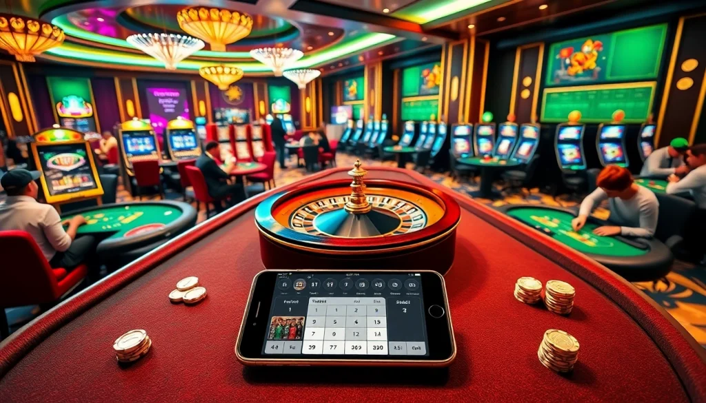 Gambling scene showcasing link alternatif sbobet with roulette wheel and poker tables.
