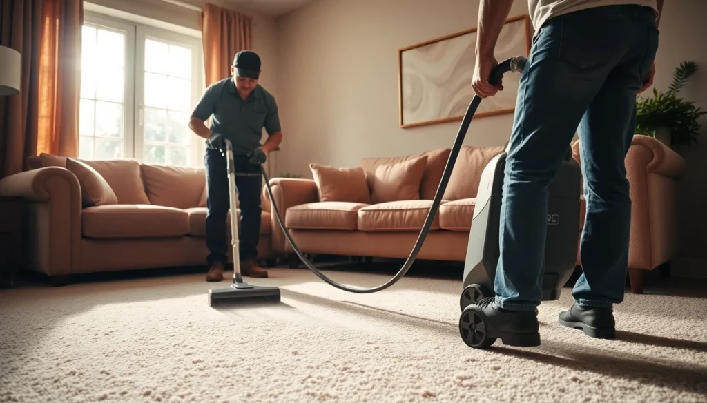 Efficient carpet cleaning near me in a bright living room setting with a professional technician at work.