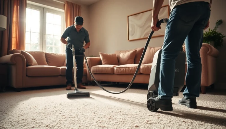 Efficient carpet cleaning near me in a bright living room setting with a professional technician at work.