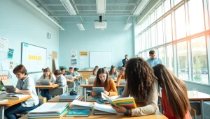 Engaging education scene with students collaborating in a modern classroom setting.