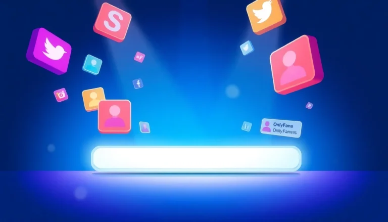 Search OnlyFans by name with a vibrant digital interface showcasing profiles and social media icons.